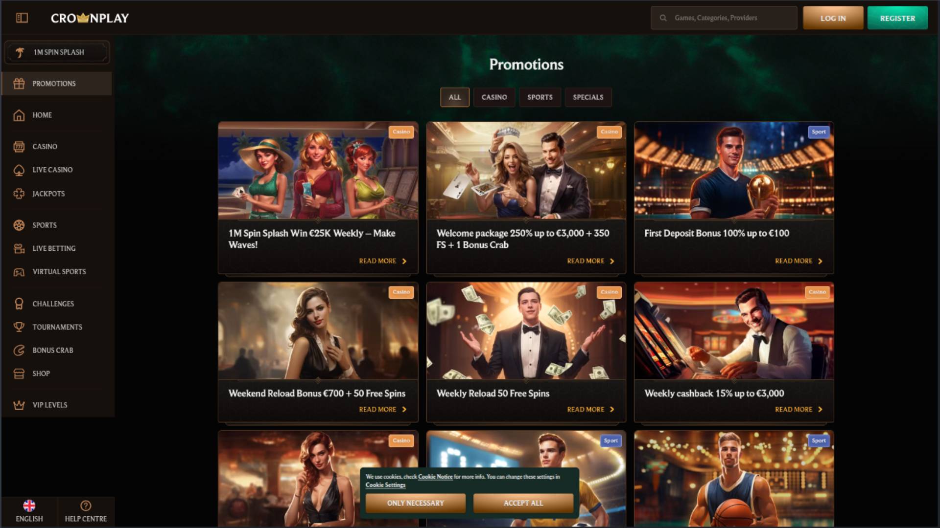 Promotions page screenshot of Crownplay Casino