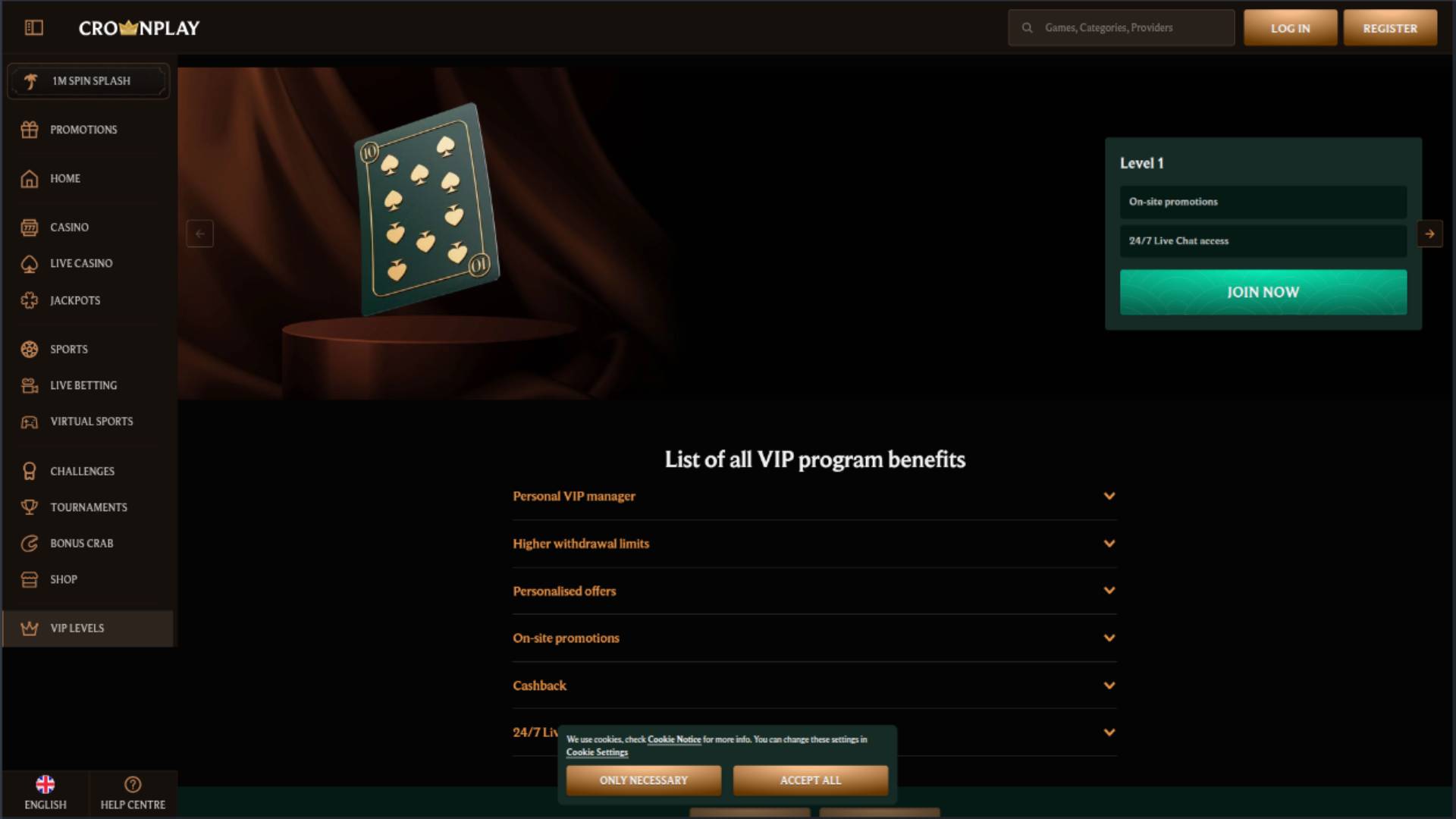 VIP page screenshot of Crownplay Casino