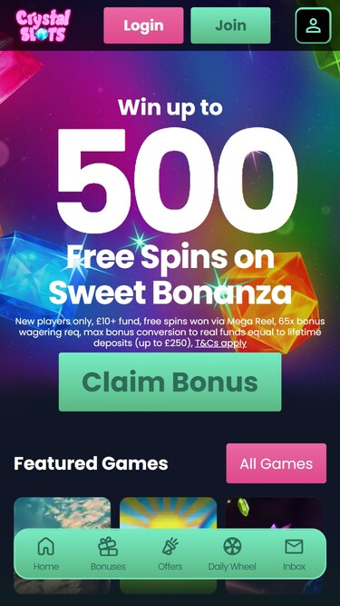 Crystal Slots Mobile Homepage