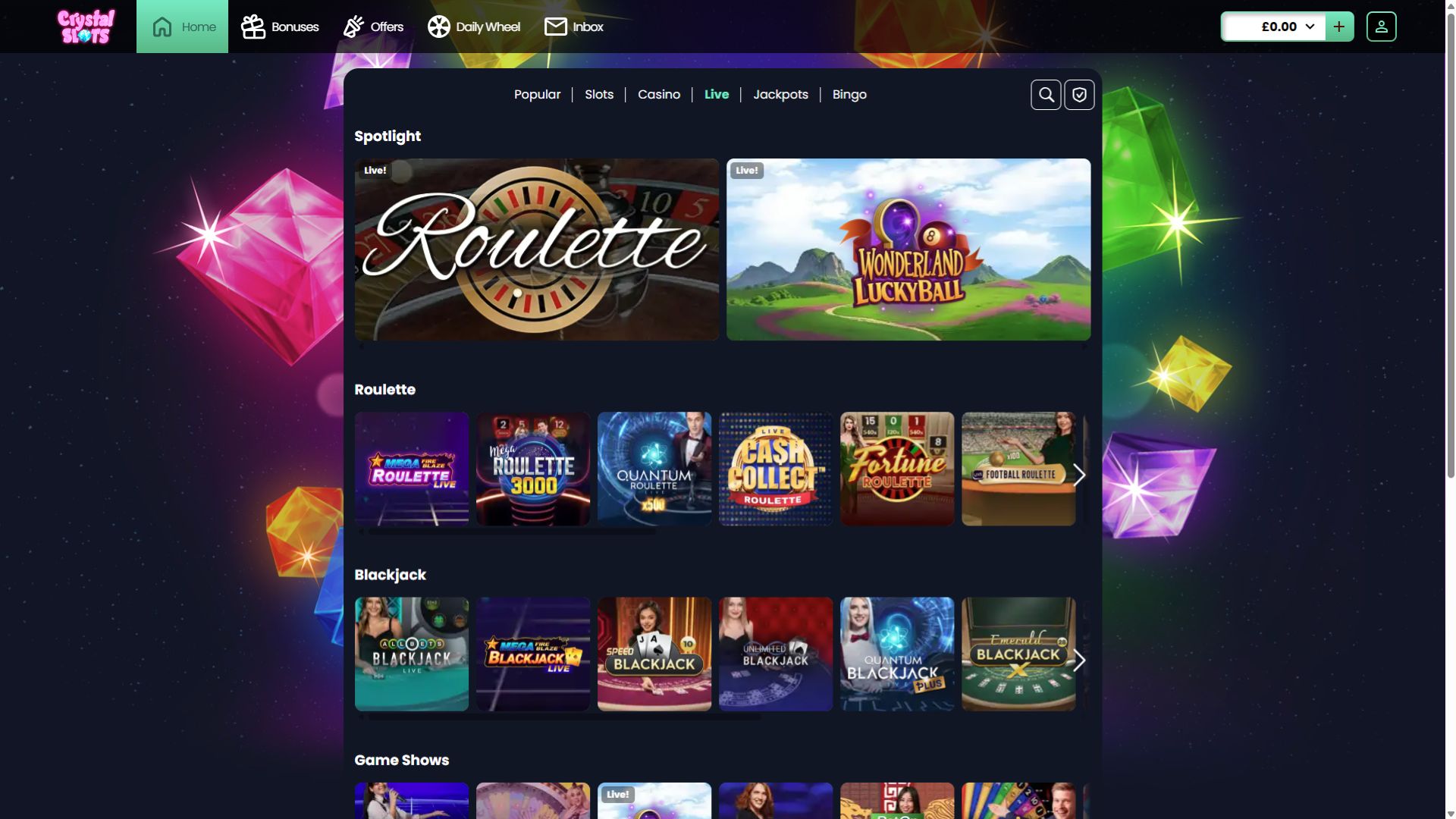 Crystal Slots Desktop Image Live Dealer