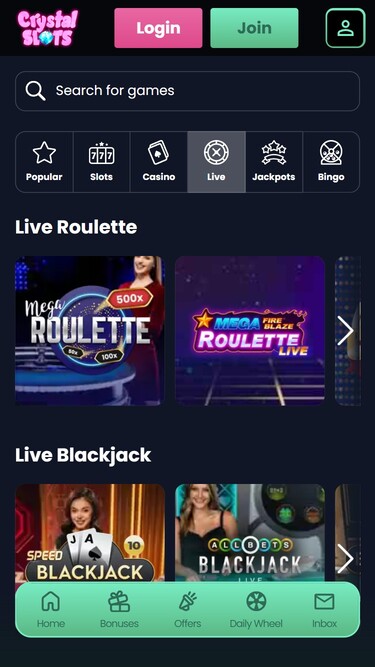 Crystal Slots Mobile Live Dealer