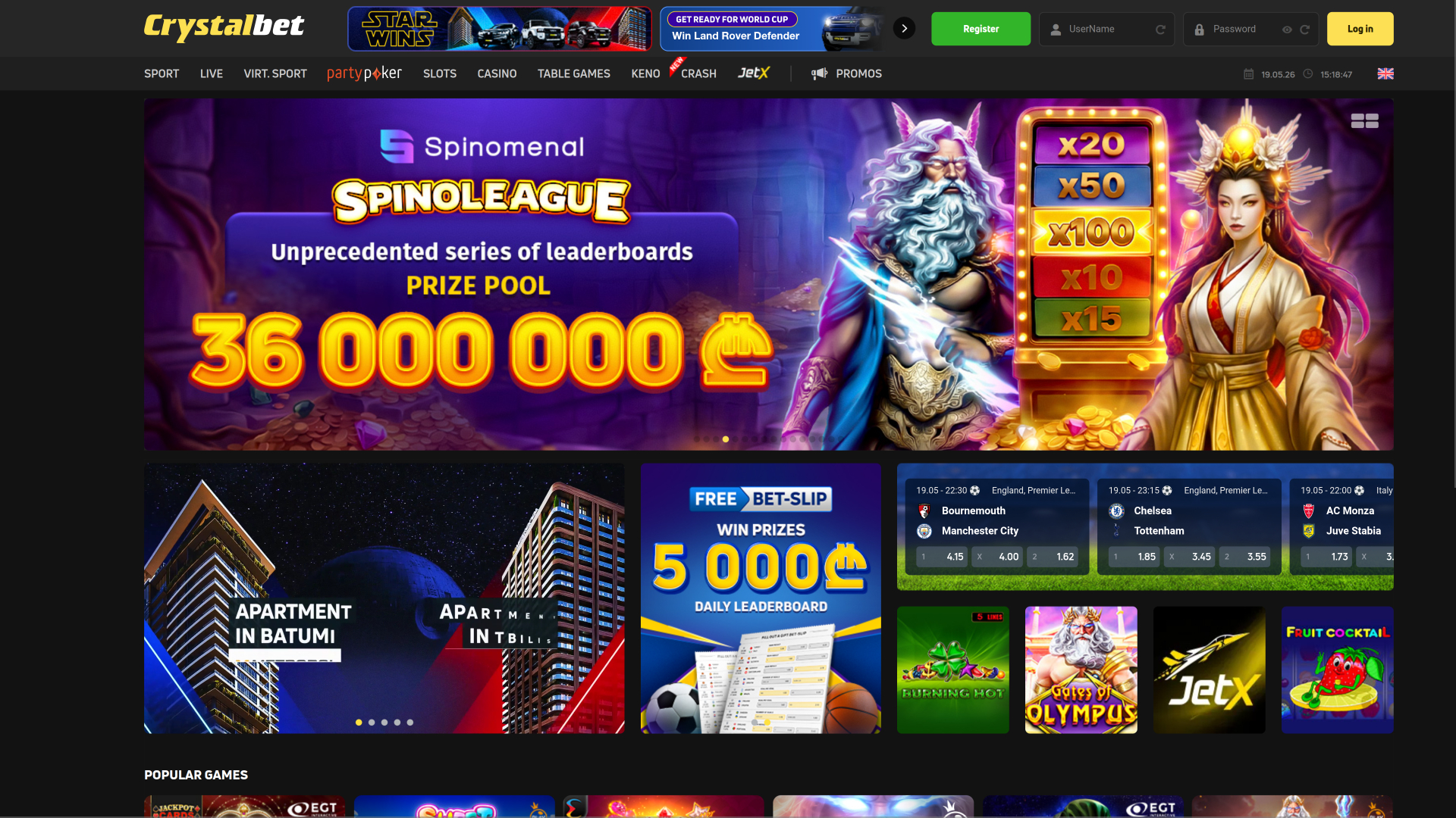 CrystalBet Casino Homepage