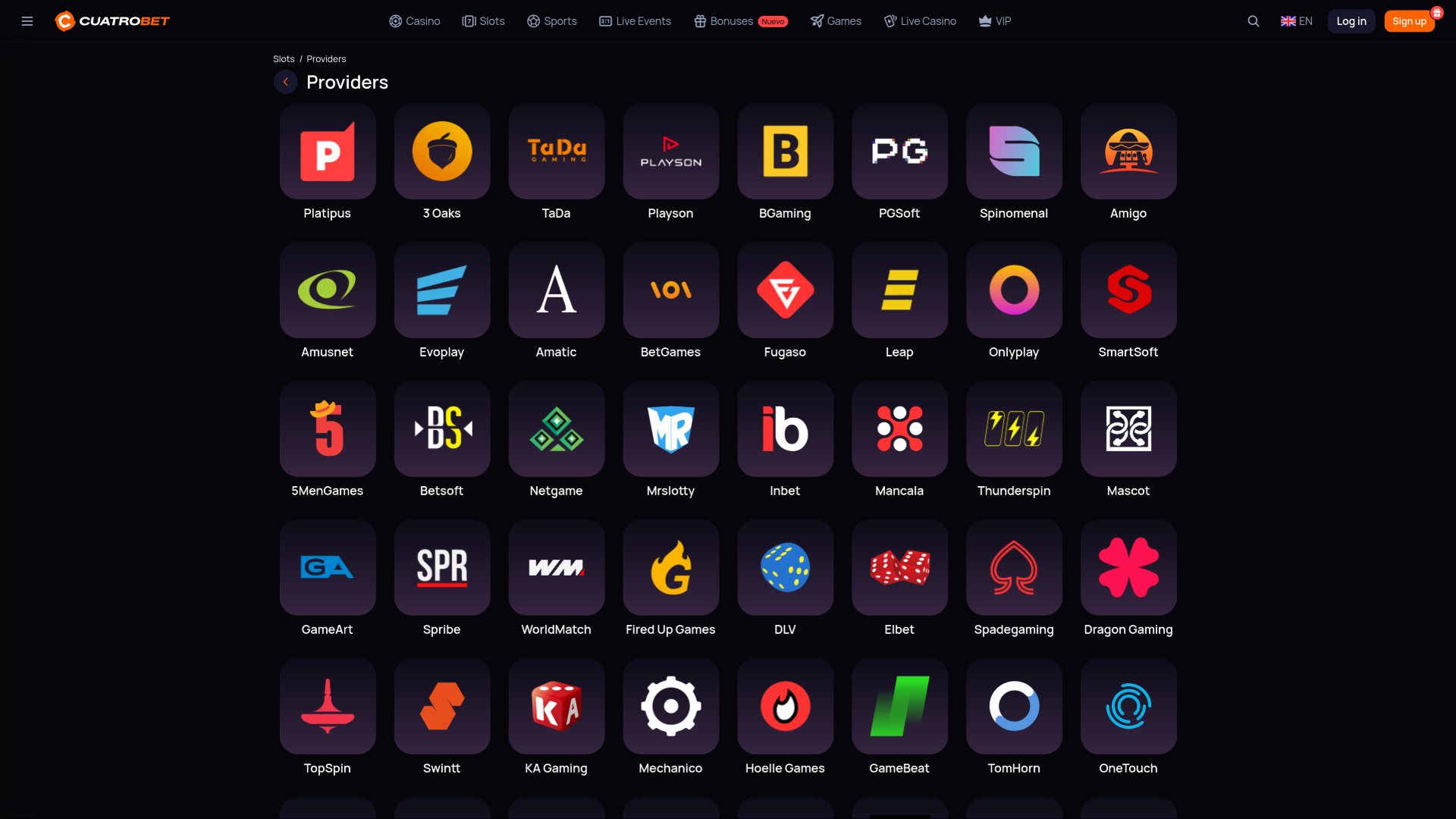 CuatroBet Casino game developers page