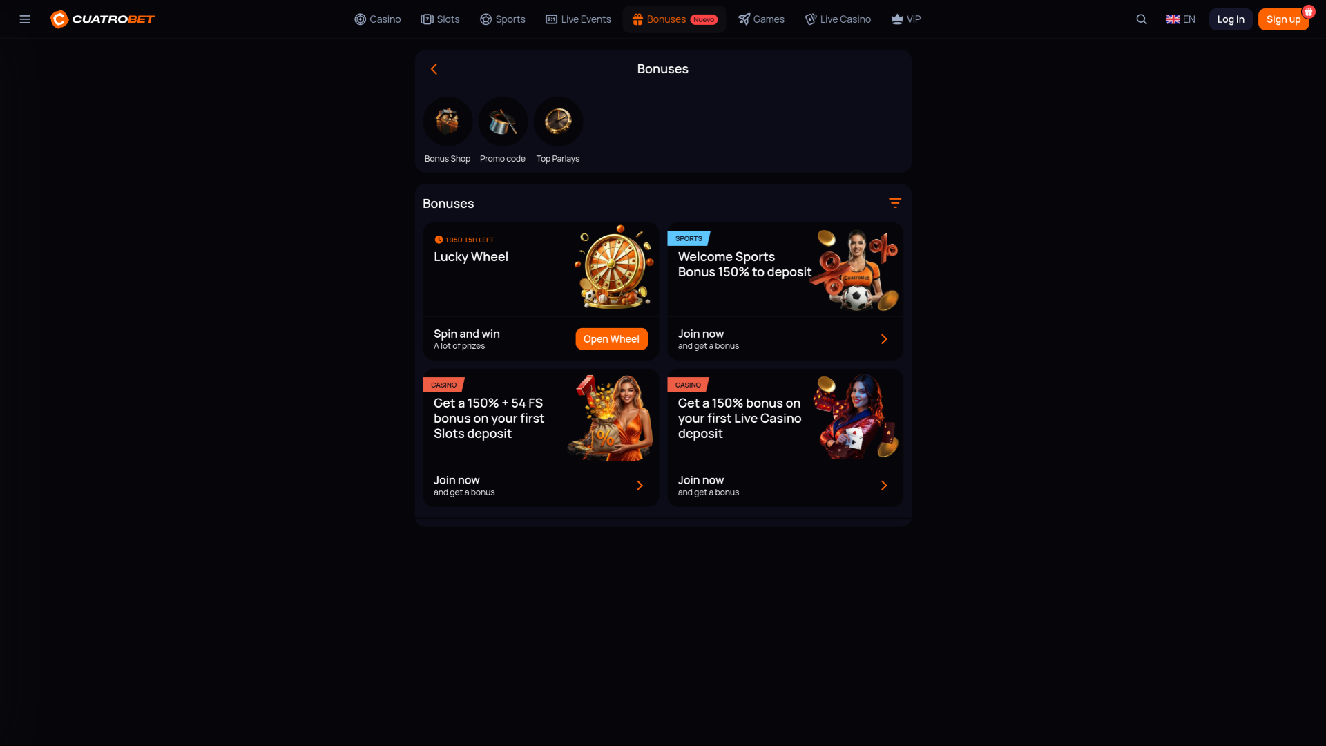 CuatroBet Casino promotions page
