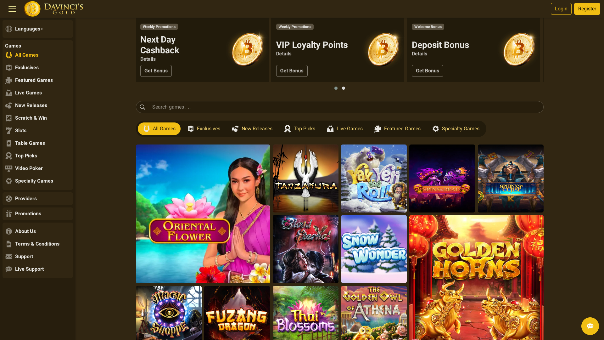 DaVinci’s Gold Casino Homepage Desktop