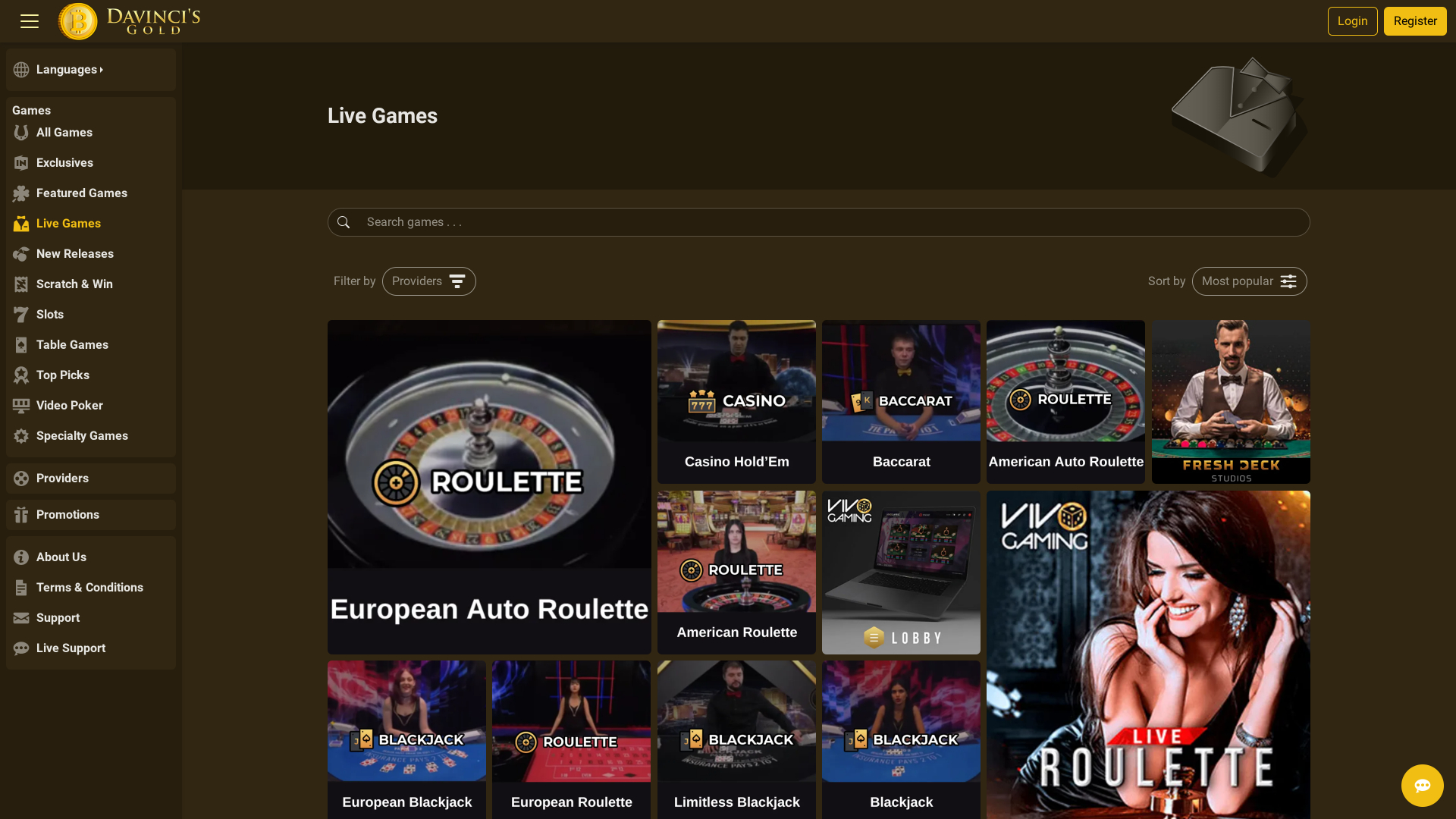 DaVinci’s Gold Casino Live Dealer Desktop