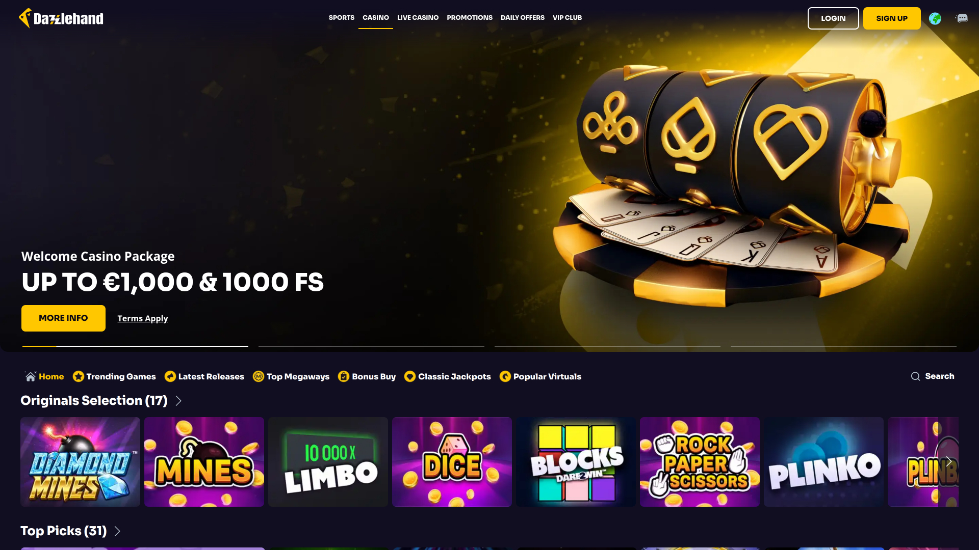 DazzleHand Casino Desktop Homepage