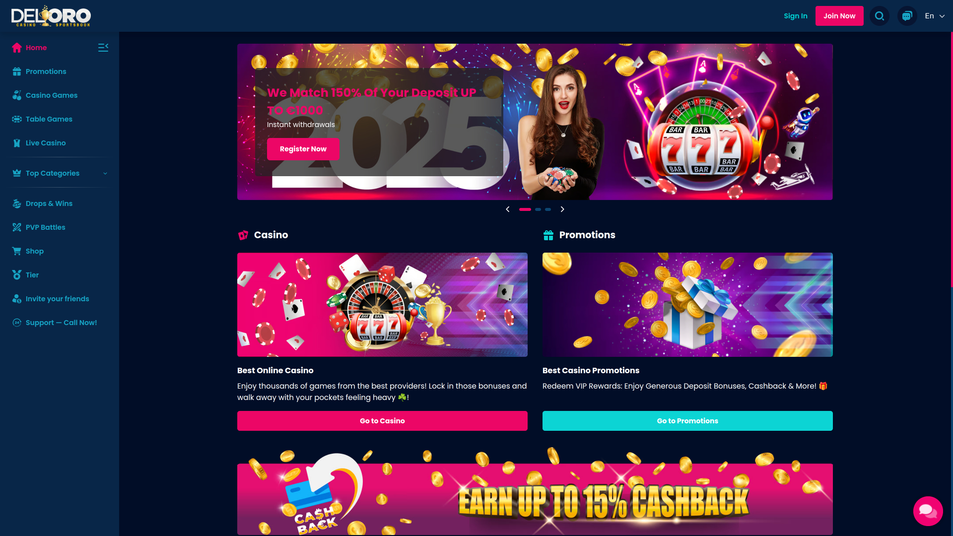 Del Oro Casino Desktop Homepage
