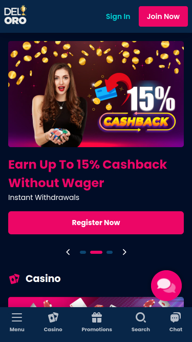 Del Oro Casino Mobile Homepage