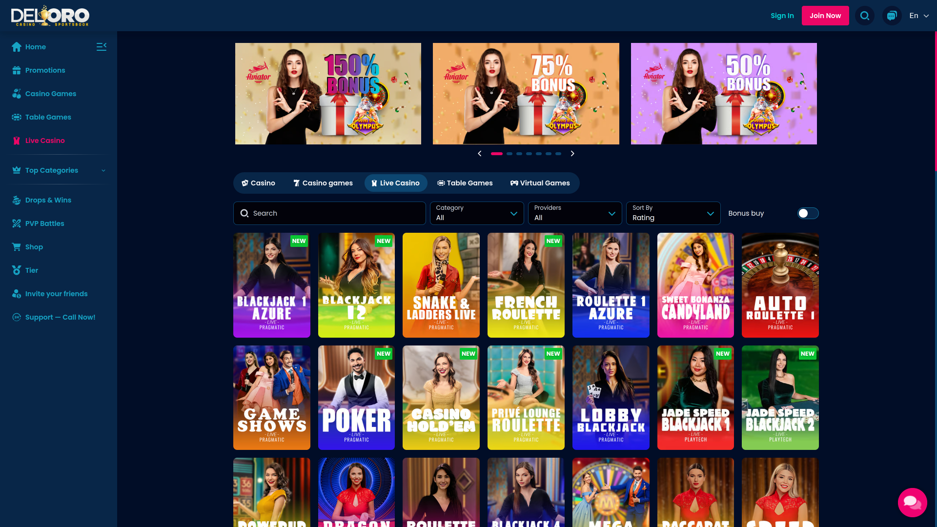 Del Oro Casino Desktop Live Dealer
