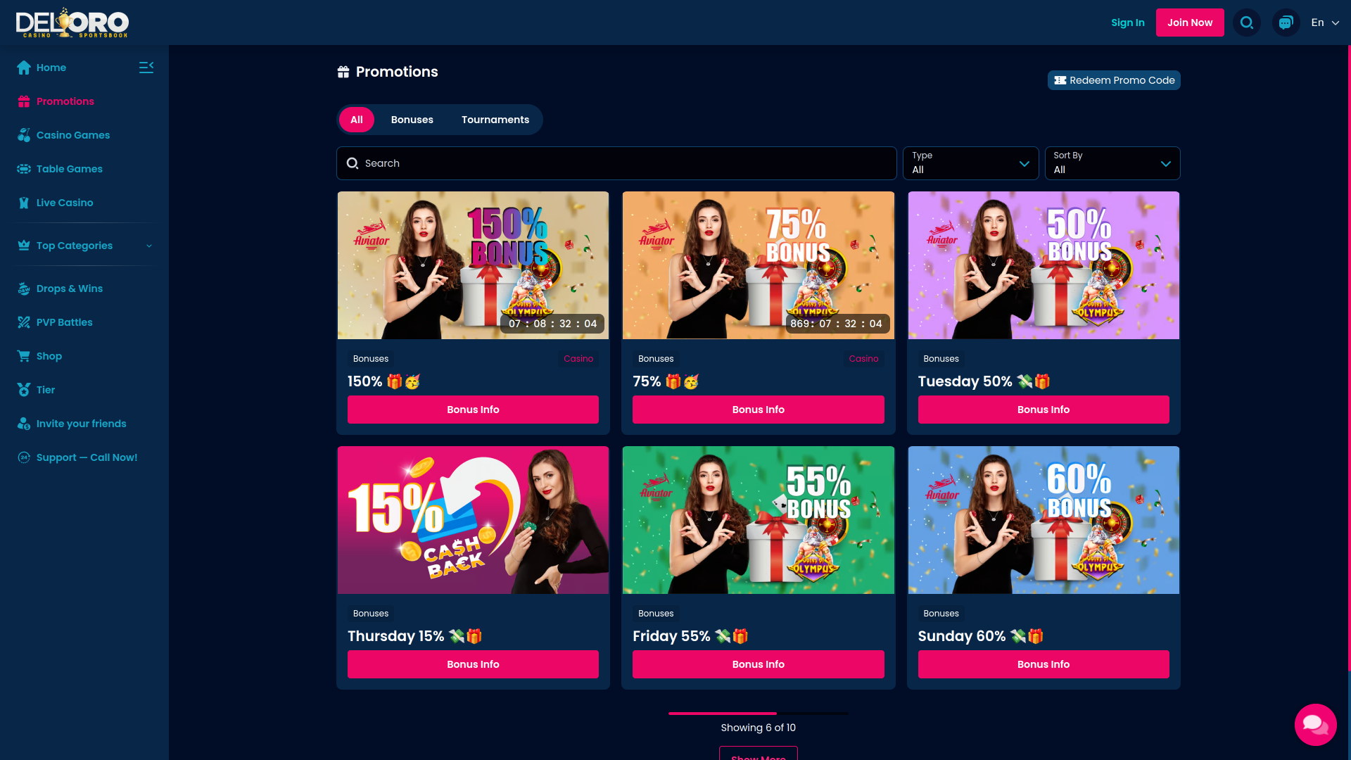 Del Oro Casino Desktop Promotions