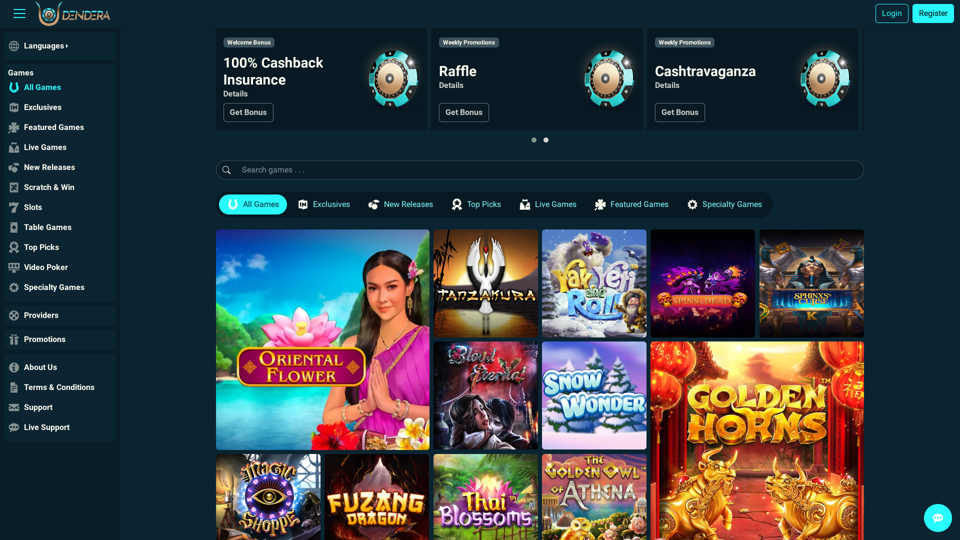 Dendera Casino Homepage Desktop