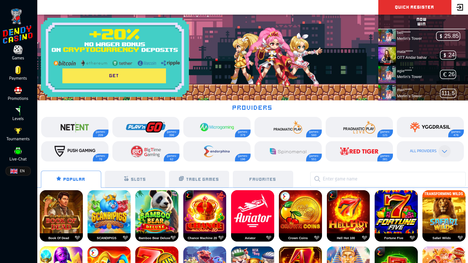 Dendy Casino Homepage Desktop