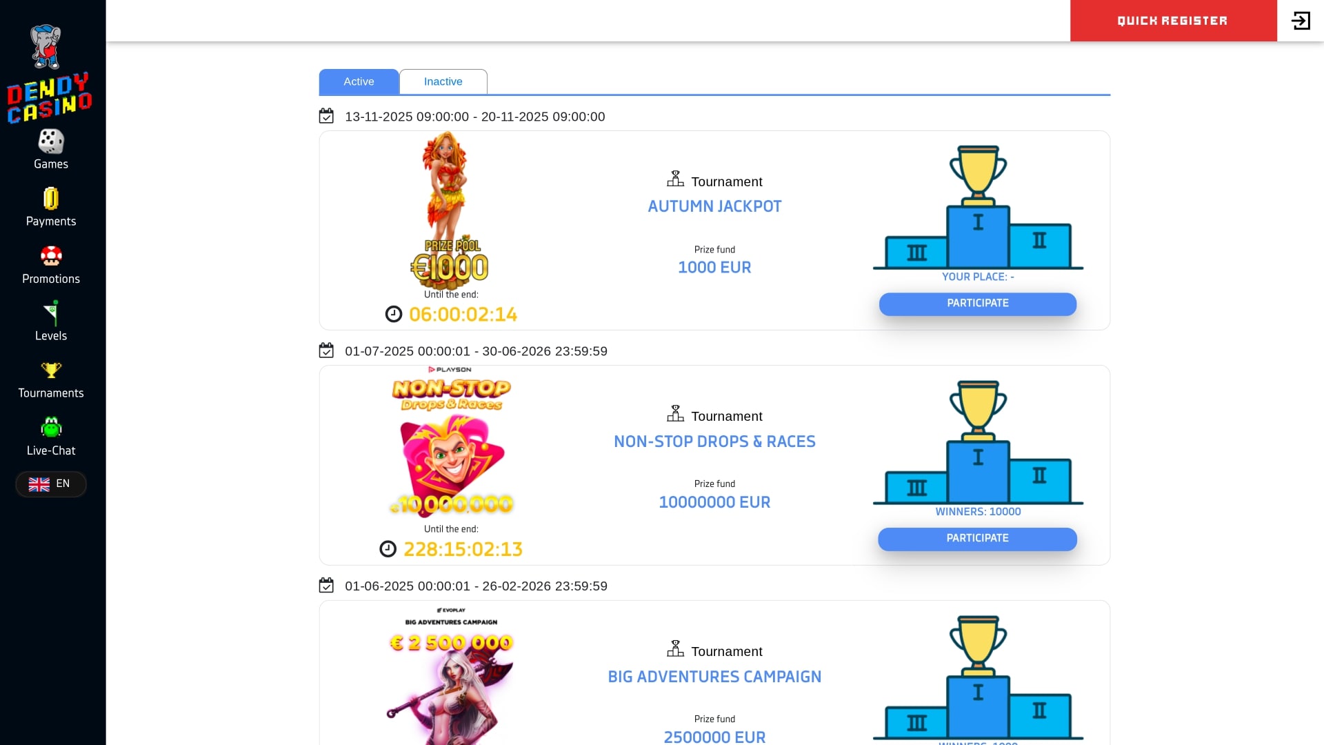 Dendy Casino Tournaments Desktop