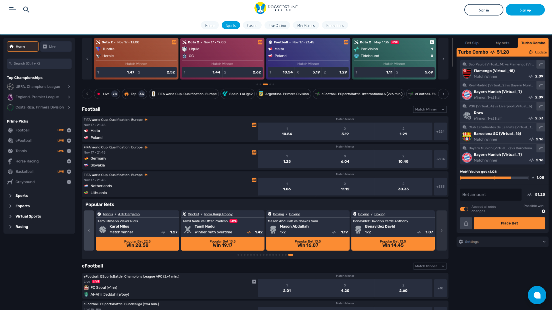 DogsFortune Casino Desktop Live Sports