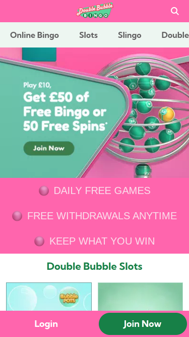 Double Bubble Bingo Mobile Homepage