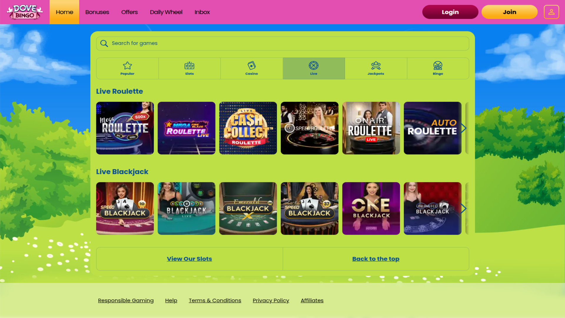 Dove Bingo Casino Desktop Live Dealer 