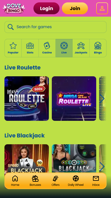 Dove Bingo Casino Mobile Live Dealer