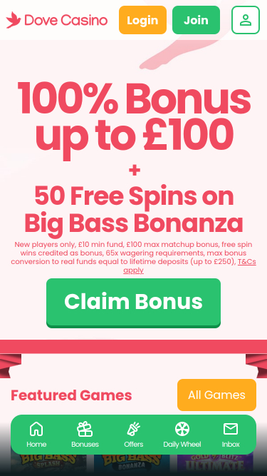 Dove Casino Mobile Homepage