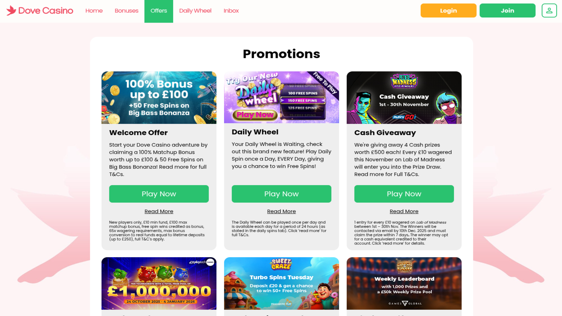 Dove Casino Desktop Promotions