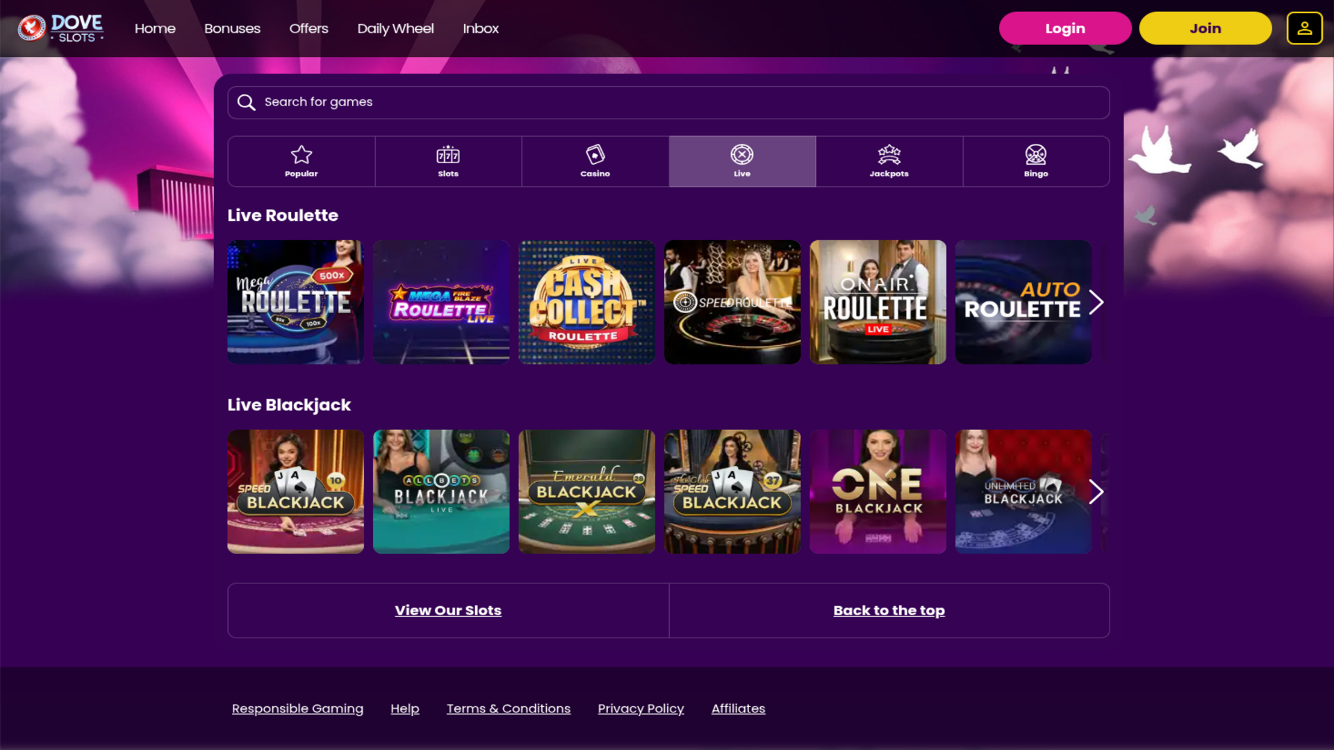 Dove Slots Casino Desktop Live Dealer