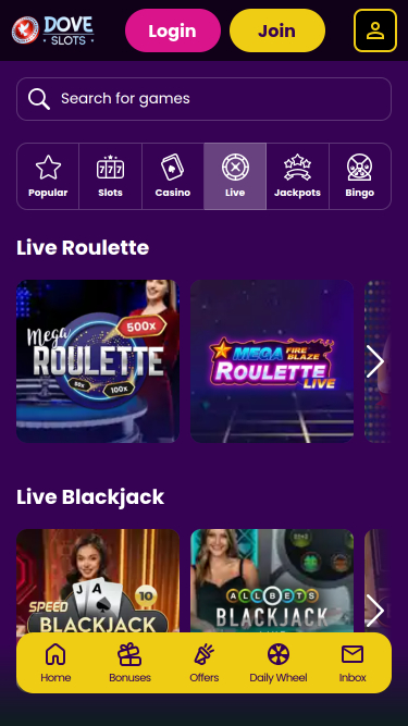 Dove Slots Casino Mobile Live Dealer