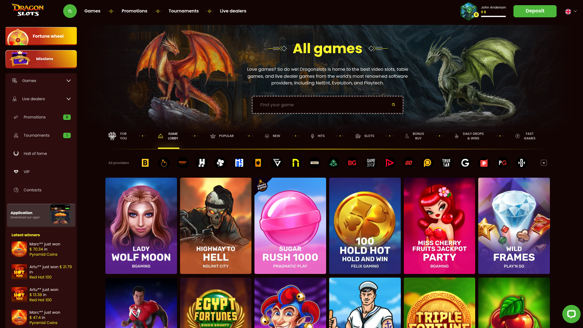 Dragonslots Casino Homepage Desktop