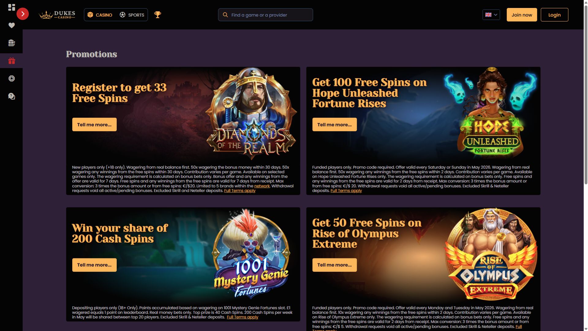 Dukes Casino Desktop Image Promotions