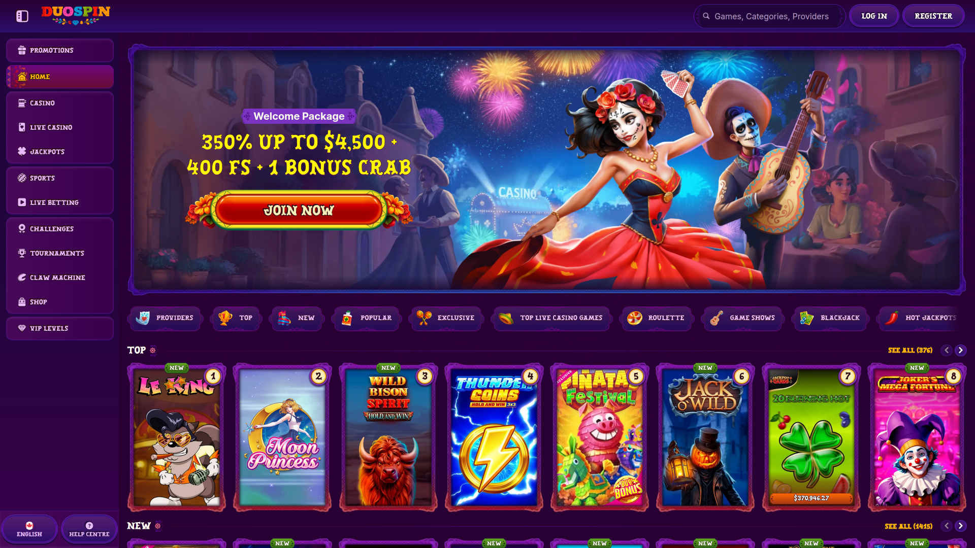 DuoSpin Casino Desktop Homepage