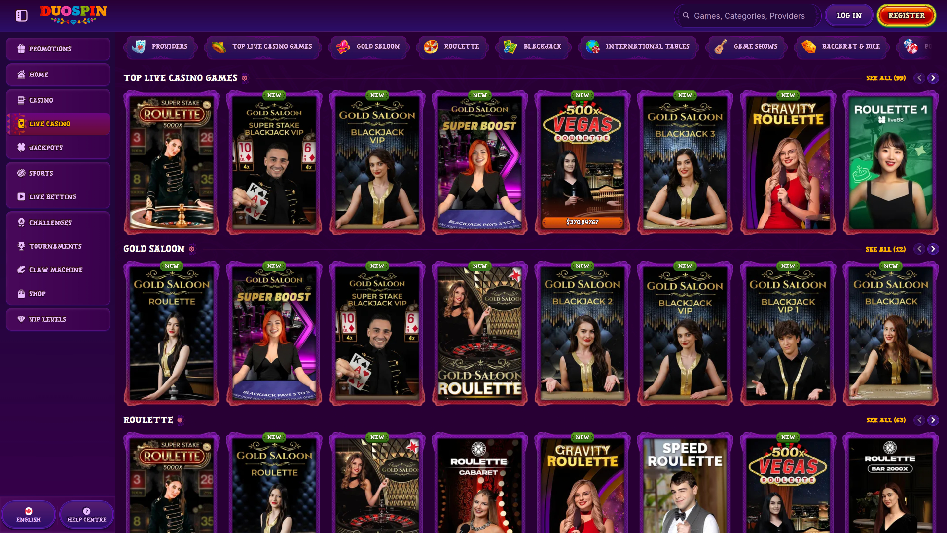 DuoSpin Casino Desktop Live Dealer