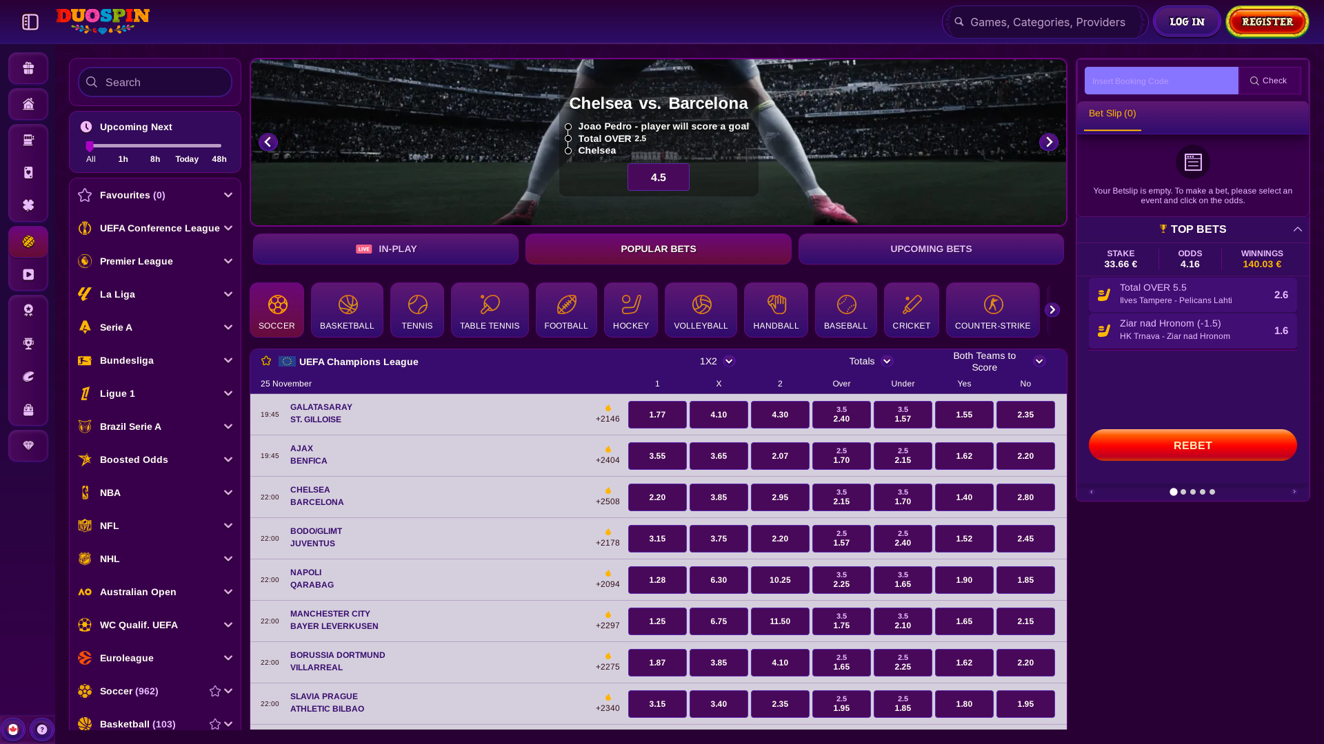 DuoSpin Casino Desktop Sports