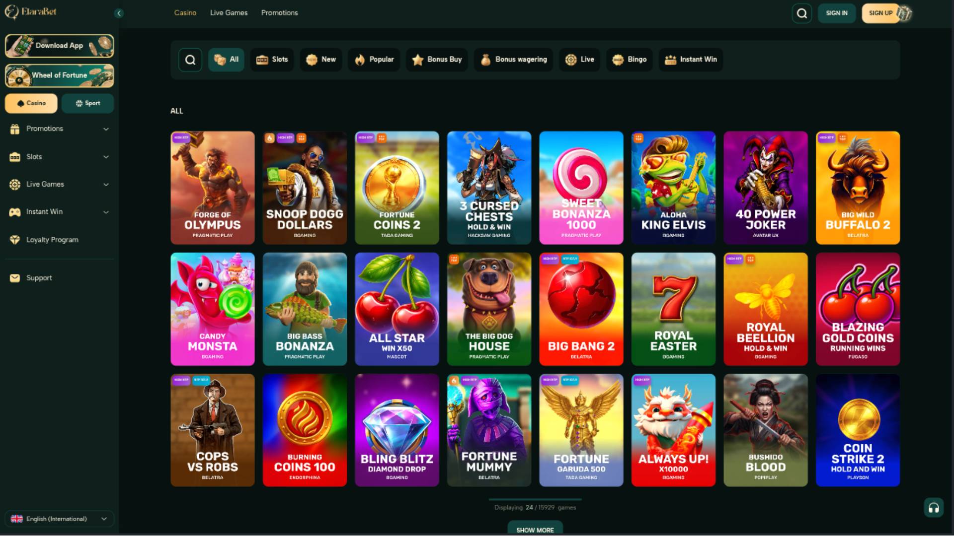 Games page screenshot of Elarabet Casino