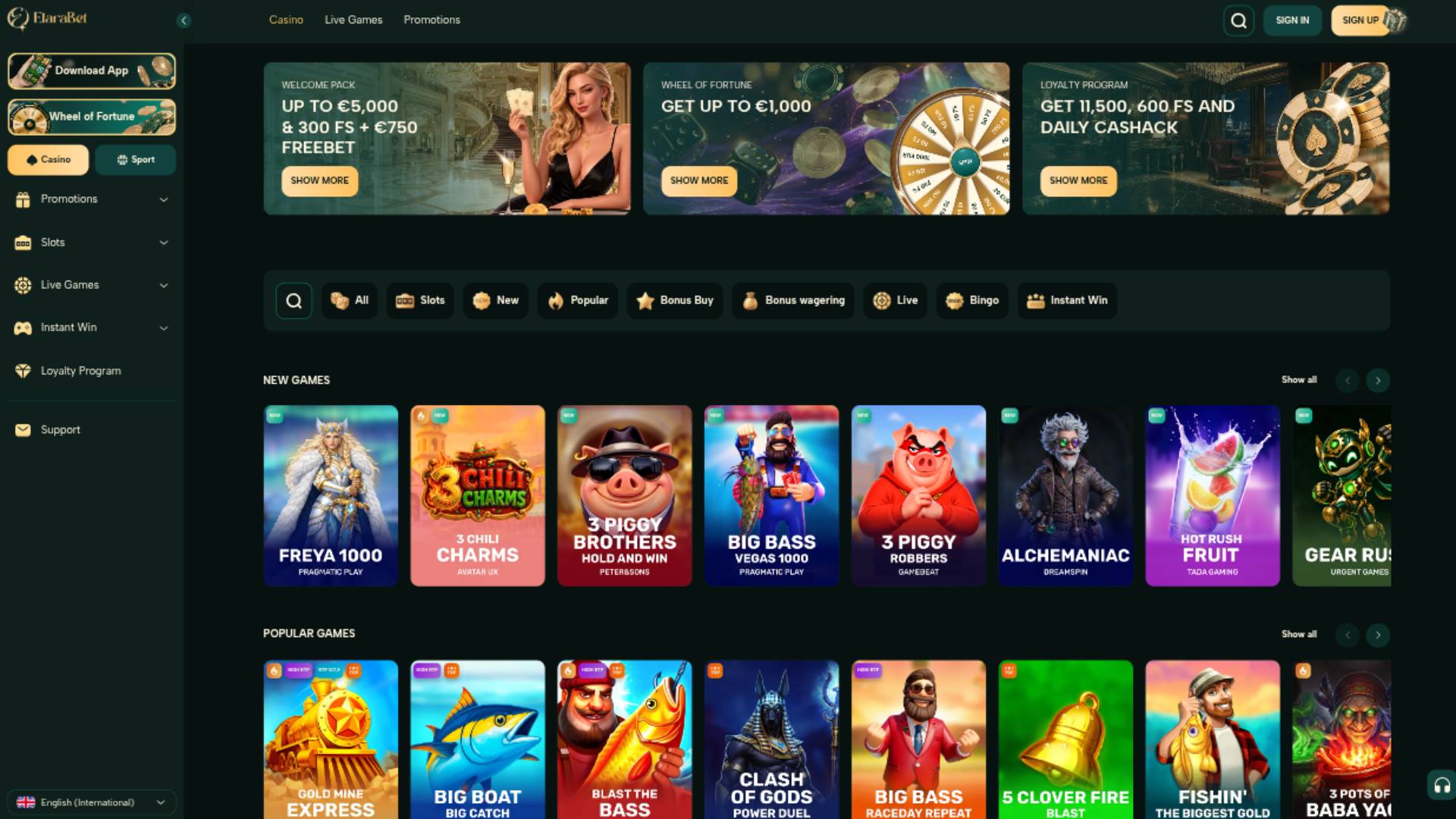 Homepage screenshot of Elarabet Casino