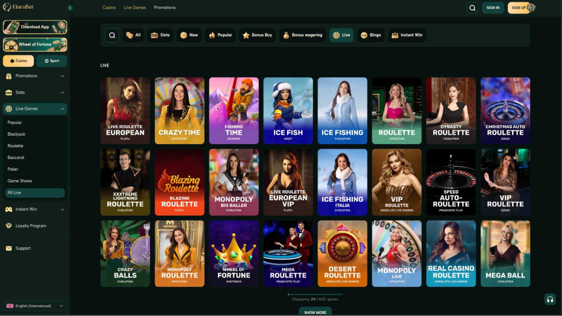 Live page screenshot of Elarabet Casino