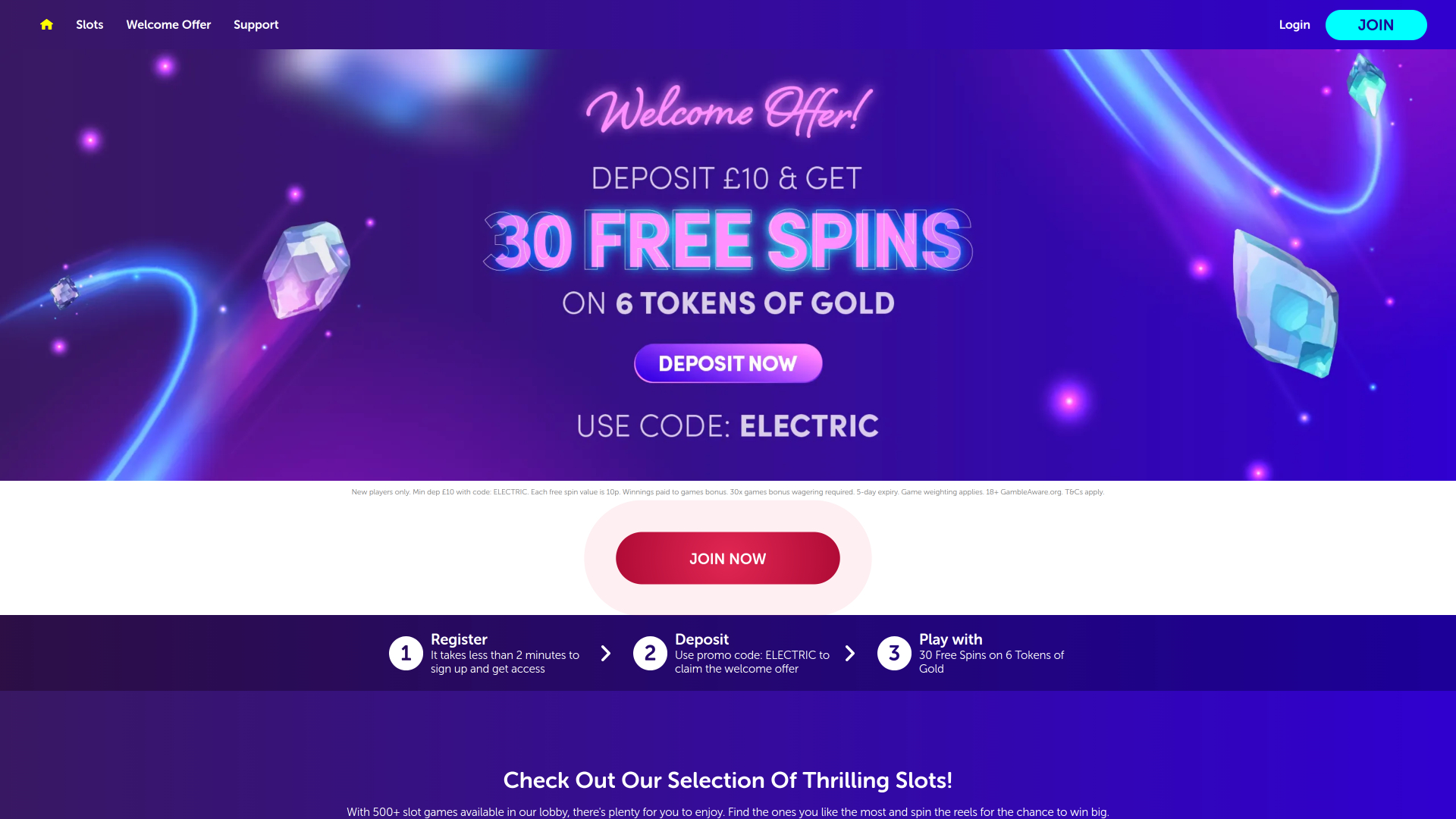 Electric Spins Casino Desktop Homepage