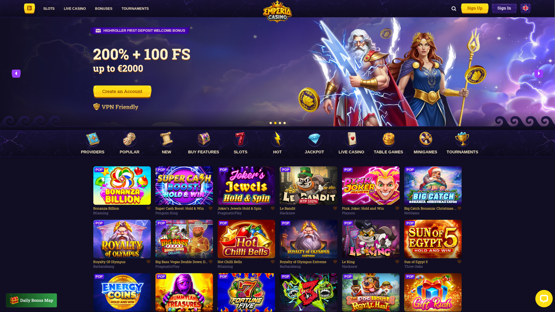 Emperia Casino Desktop Homepage