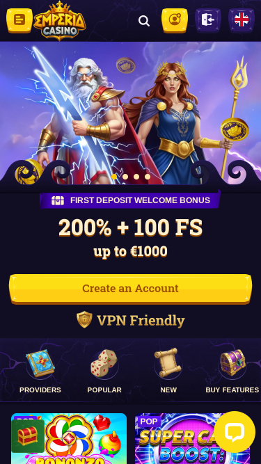 Emperia Casino Mobile Homepage