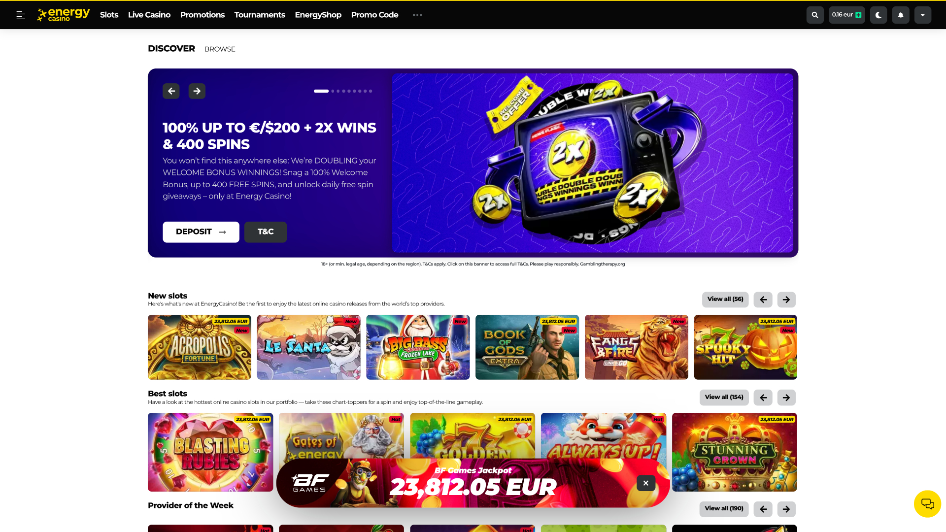 Energy Casino Homepage Desktop
