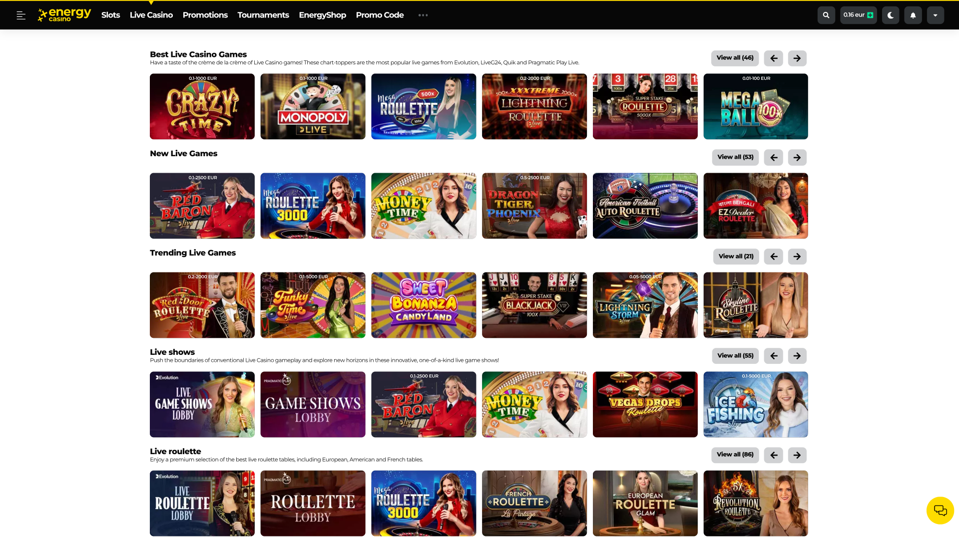 Energy Casino Live Dealer Desktop