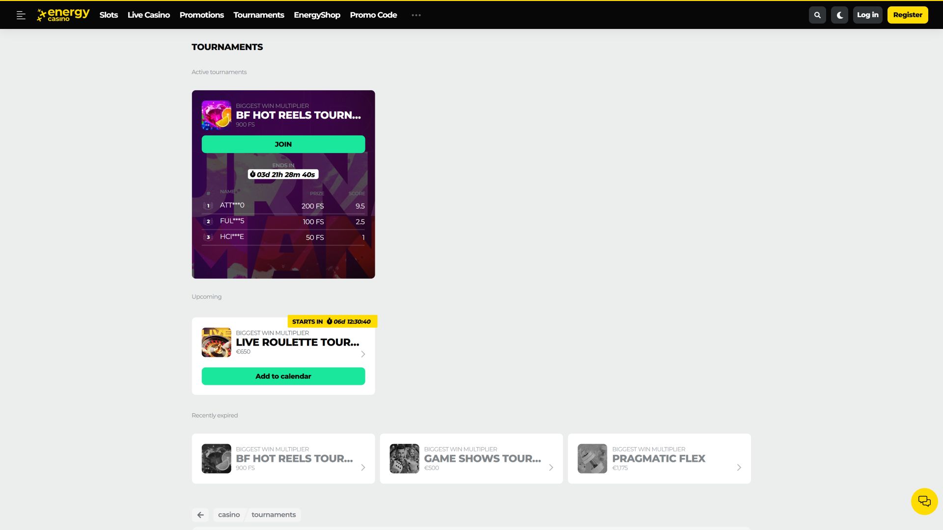 Energy Casino Desktop Tournaments