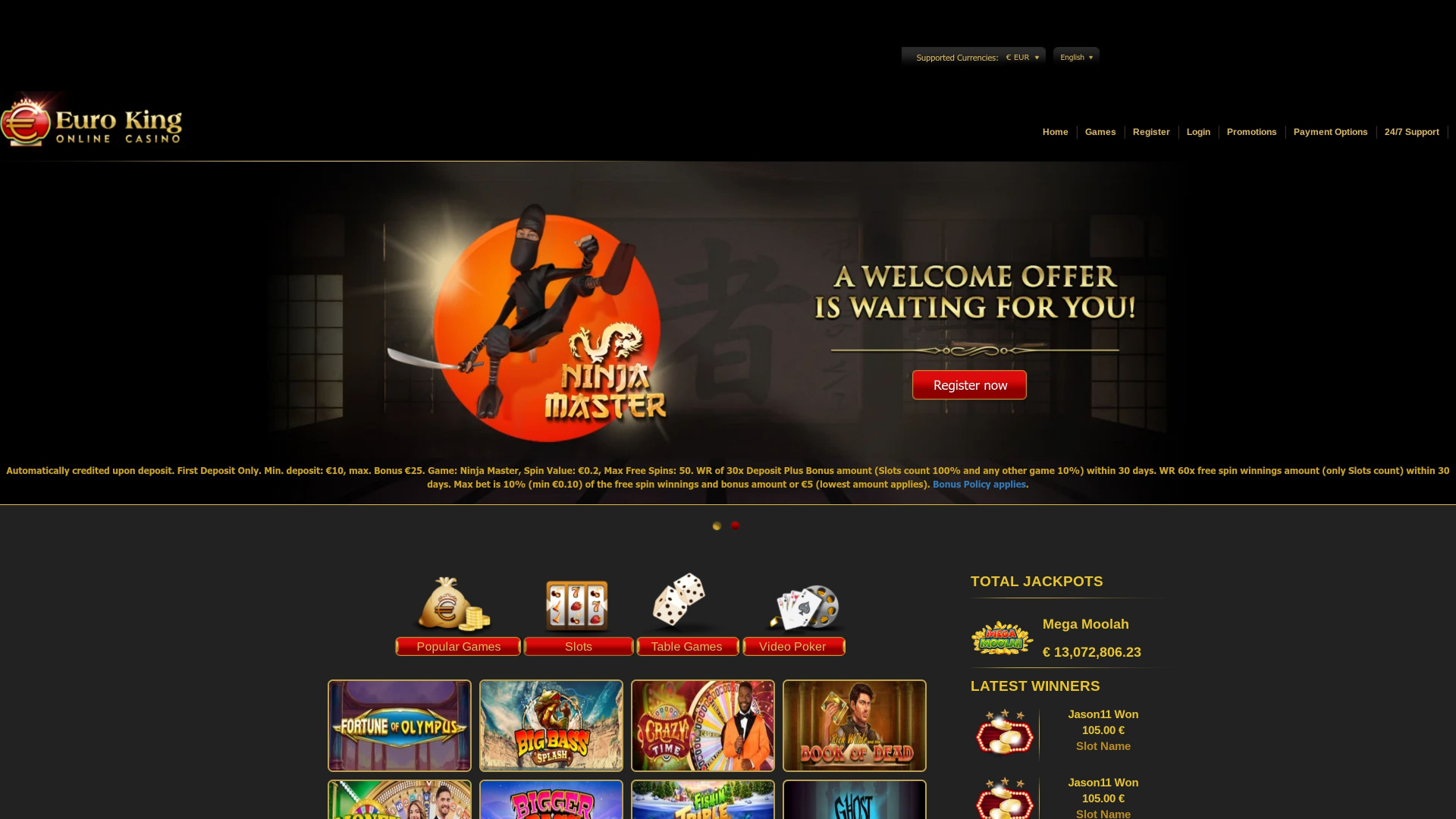 Euro King Casino Homepage (Desktop)