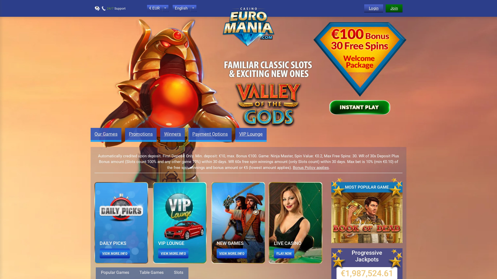 EuroMania Casino Homepage (Desktop)