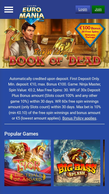 EuroMania Casino Homepage Mobil