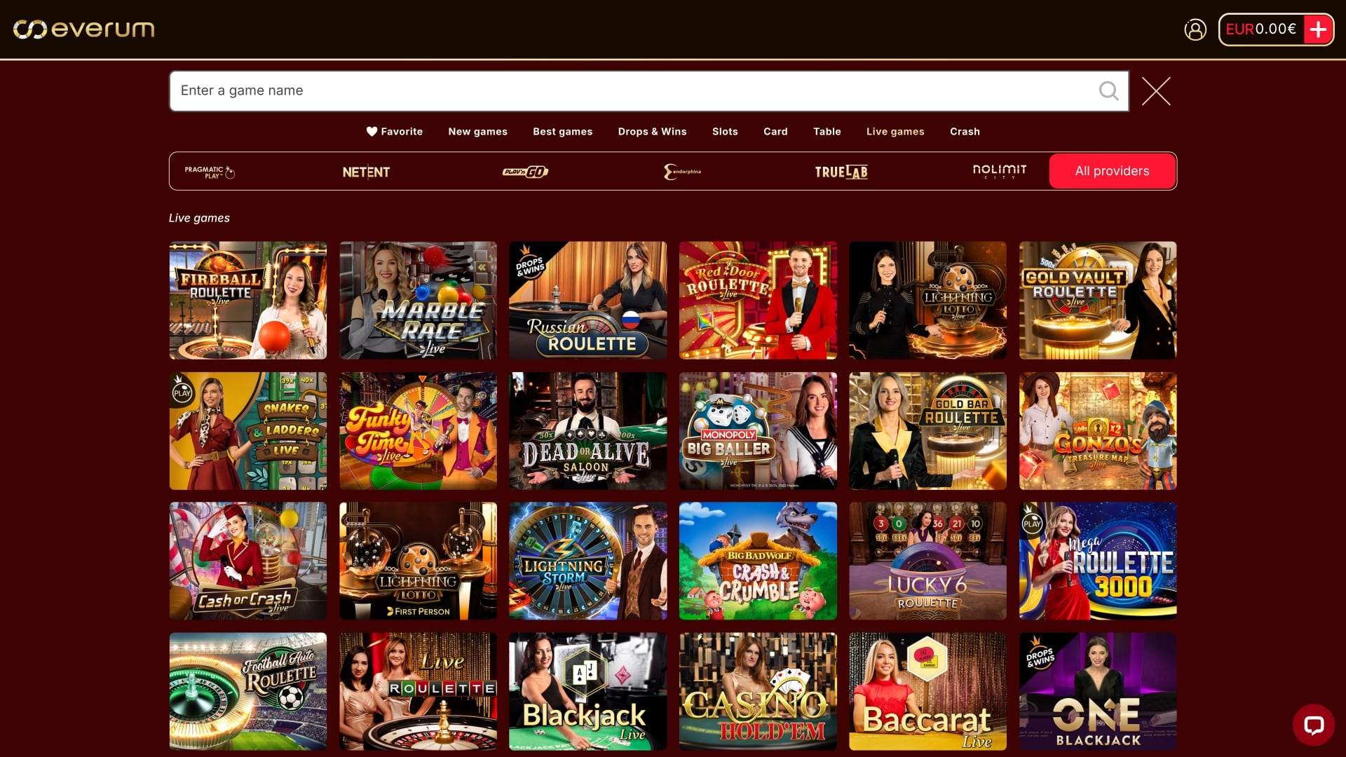 Everum Casino Live Dealer Desktop