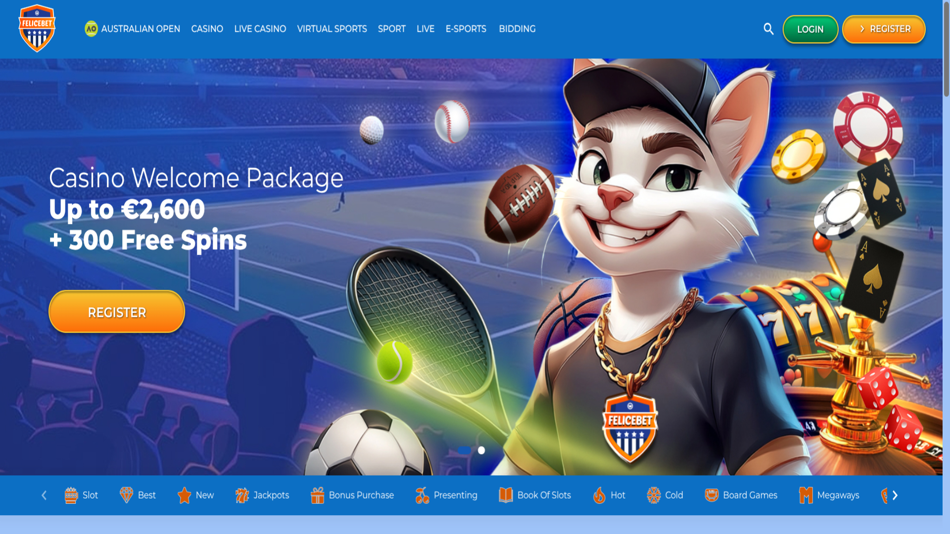 Homepage screenshot of Felicebet Casino for Desktop