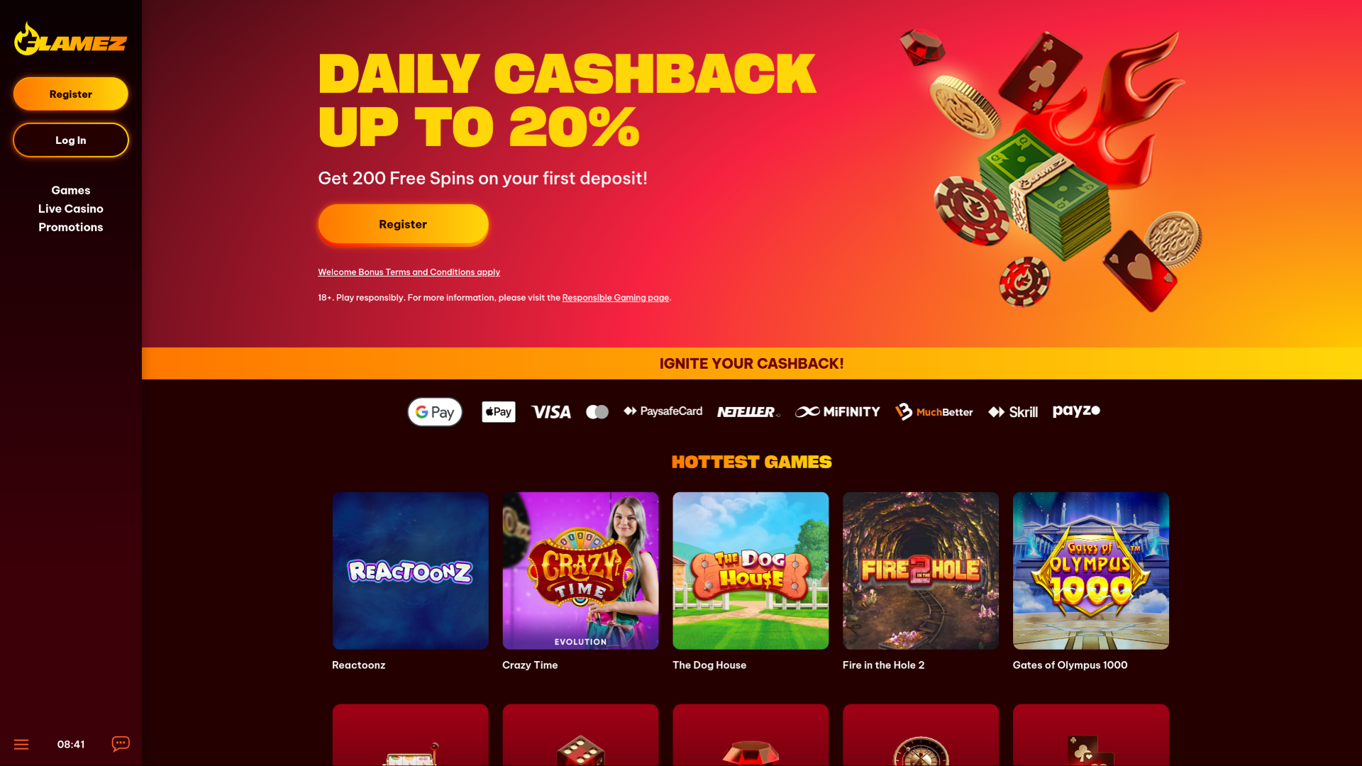 Flamez Casino Desktop Homepage
