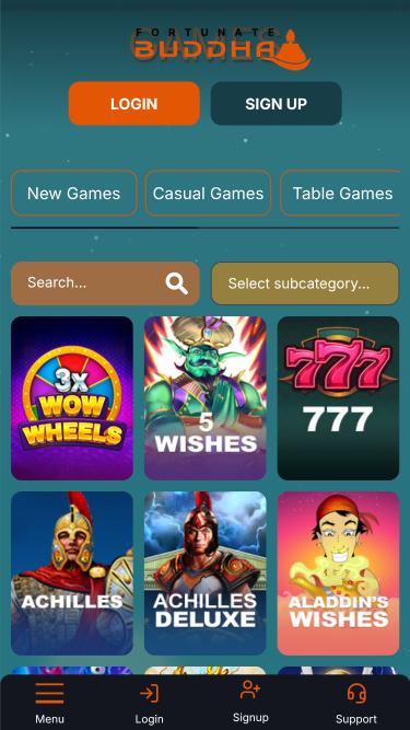 Fortunate Buddha Casino games mobile page