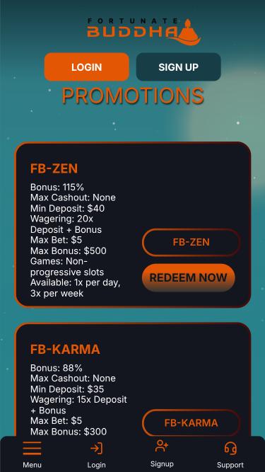 Fortunate Buddha Casino promotions mobile page