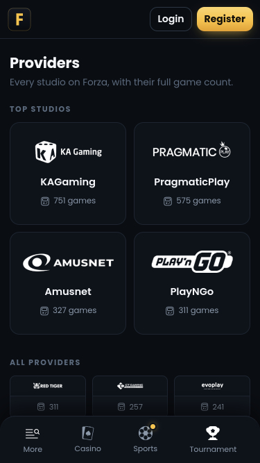 ForzaBet Casino game developers mobile page