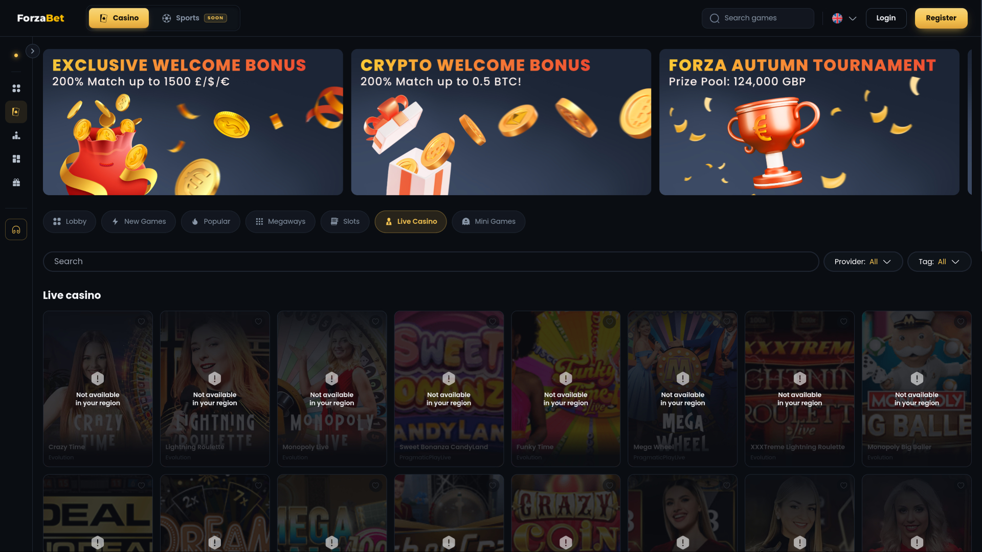 ForzaBet Casino live dealer page